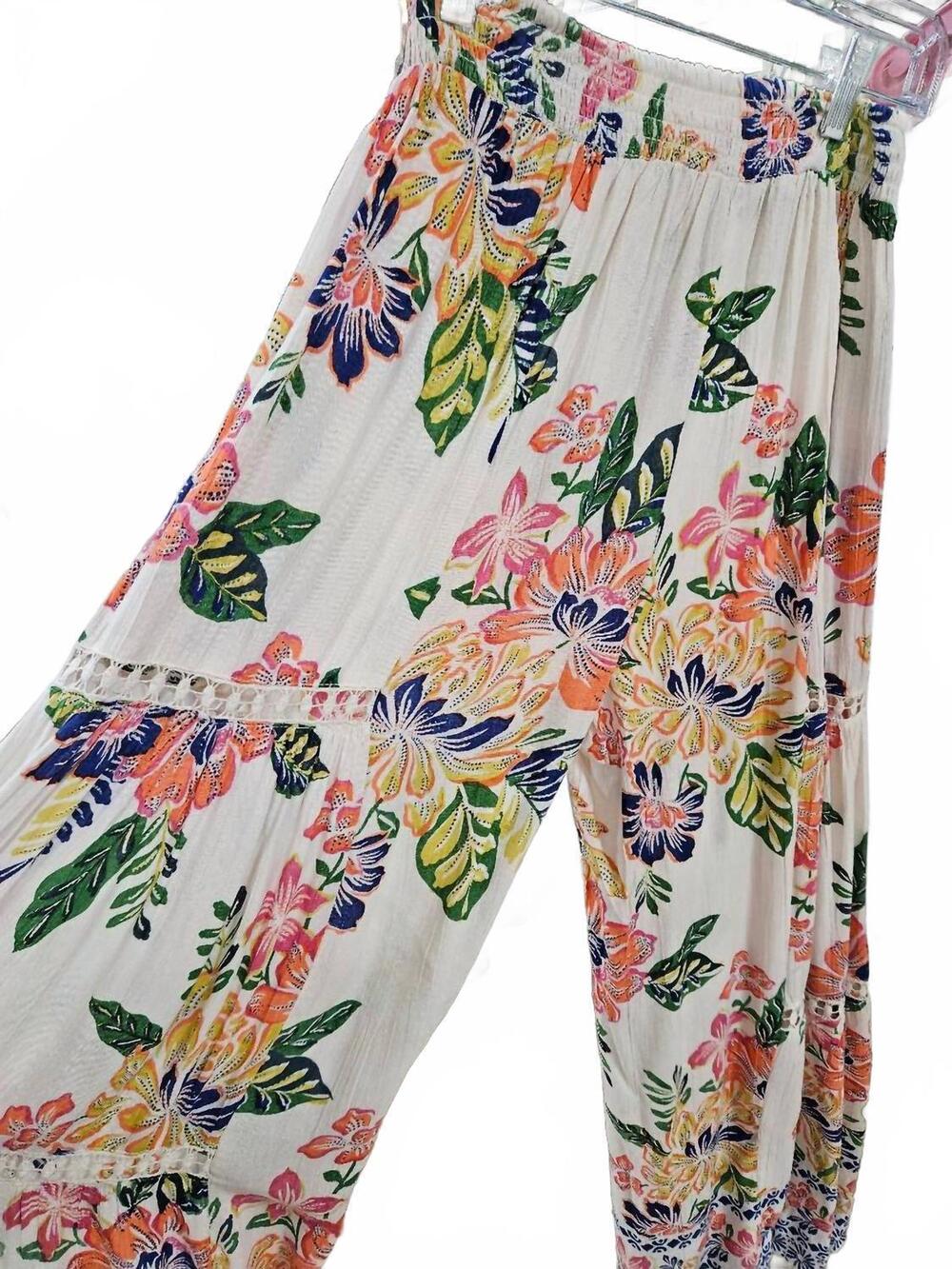 NEW ANGIE women's floral wide leg pants with lace inserts in blue/orange/green
